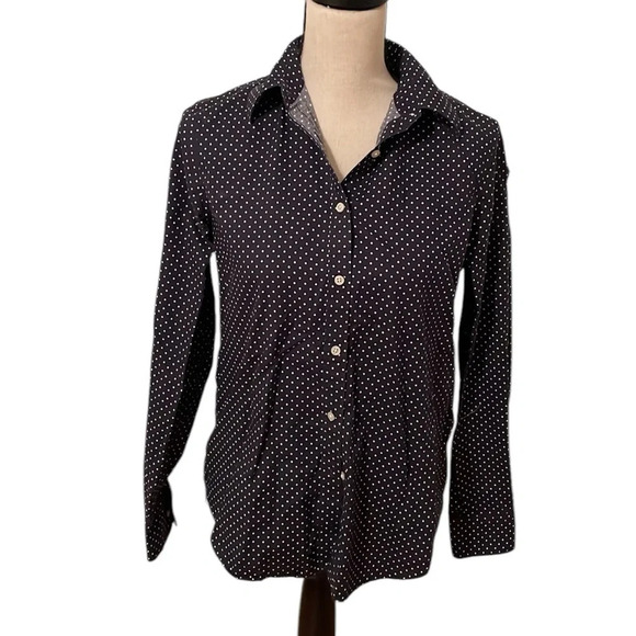 Lauren Ralph Lauren 100% Cotton Button-up Collared Navy White Dot Blouse Shirt - Picture 1 of 6